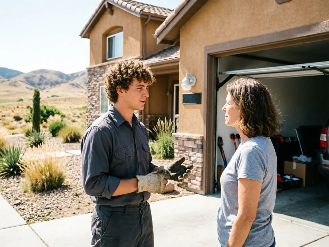 A technician in work clothes talks to a woman in front of a house with an open garage.